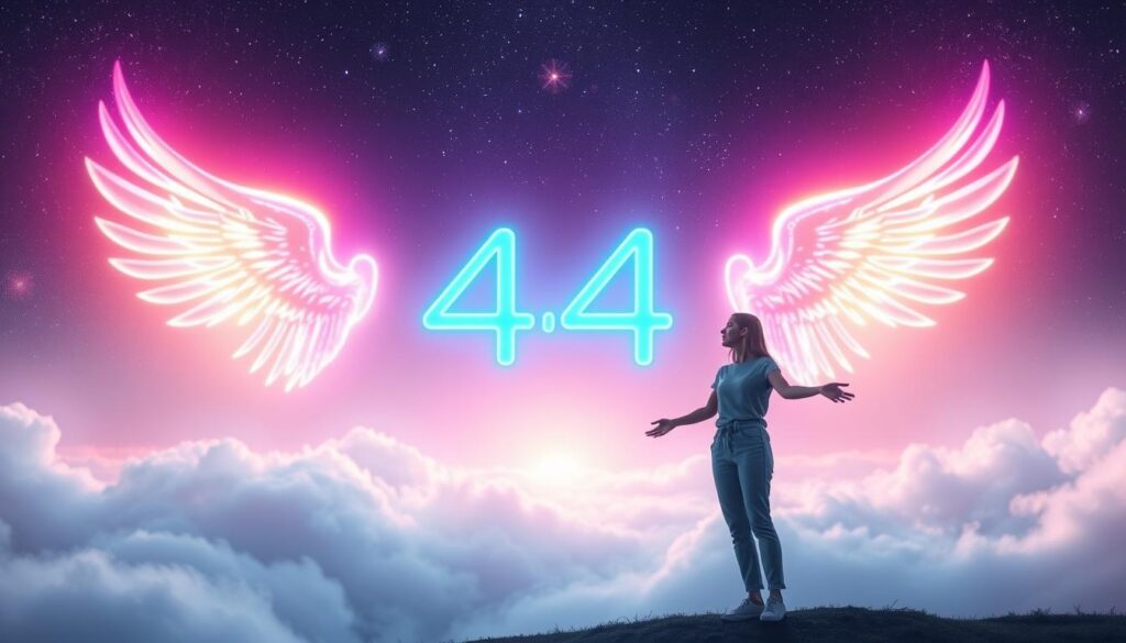 A mesmerizing, dreamlike scene featuring the angel number "444" glowing in vibrant neon colors, surrounded by ethereal, shimmering light orbs that symbolize protection and spiritual support. In the foreground, a serene figure dressed in modest casual attire stands confidently, arms slightly outstretched, embraced by a calming aura. The middle ground showcases a soft, cloudy landscape, where gentle, warm light filters through, symbolizing comfort and guidance. In the background, a starry night sky filled with swirling galaxies and soft pastel hues enhances the atmosphere of safety and serenity. The image should have a mystical and uplifting mood, utilizing a soft-focus lens effect to create a tranquil feeling, reminiscent of high-end magazine advertisements that appeal to the Gen Z aesthetic. A mesmerizing, dreamlike scene featuring the angel number "444" glowing in vibrant neon colors, surrounded by ethereal, shimmering light orbs that symbolize protection and spiritual support. In the foreground, a serene figure dressed in modest casual attire stands confidently, arms slightly outstretched, embraced by a calming aura. The middle ground showcases a soft, cloudy landscape, where gentle, warm light filters through, symbolizing comfort and guidance. In the background, a starry night sky filled with swirling galaxies and soft pastel hues enhances the atmosphere of safety and serenity. The image should have a mystical and uplifting mood, utilizing a soft-focus lens effect to create a tranquil feeling, reminiscent of high-end magazine advertisements that appeal to the Gen Z aesthetic.