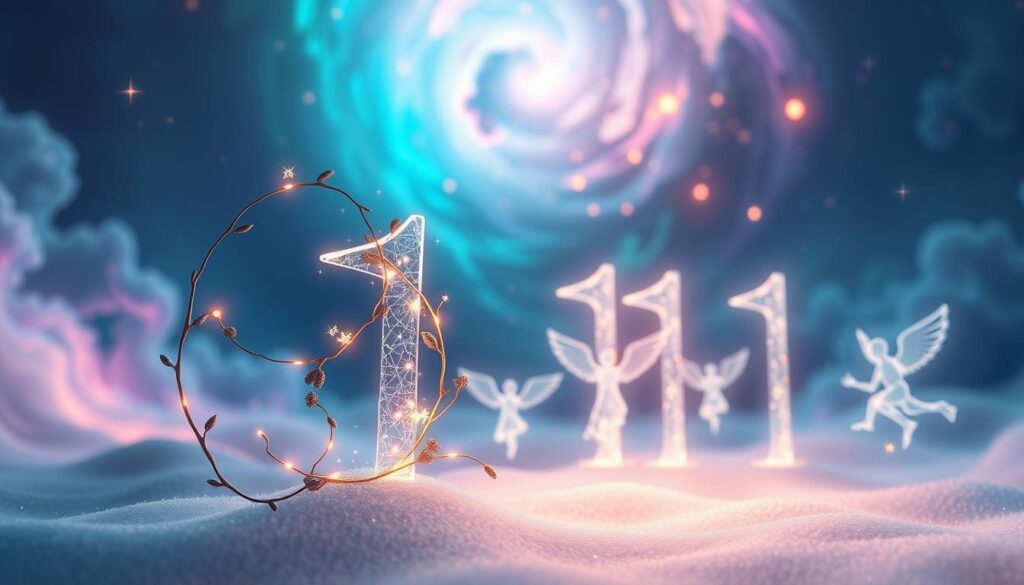 A mesmerizing illustration representing the spiritual meaning behind Angel Number 111, focusing on ethereal numerology symbols glowing softly in a dreamcore style. In the foreground, a delicate, luminescent number "111" crafted from intertwining vines and subtle cosmic elements, adorned with tiny stars and glowing orbs. The middle ground features abstract representations of angels with outstretched wings, constructed from radiant light, symbolizing guidance and protection. The background is a surreal landscape of softly swirling nebulae in vibrant neon colors, creating a mystical atmosphere. The lighting is ambient and ethereal, casting a tranquil glow across the scene, while a wide-angle lens captures the depth of the otherworldly environment. The overall mood is uplifting and enlightening, inviting contemplation and connection to the spiritual realm.