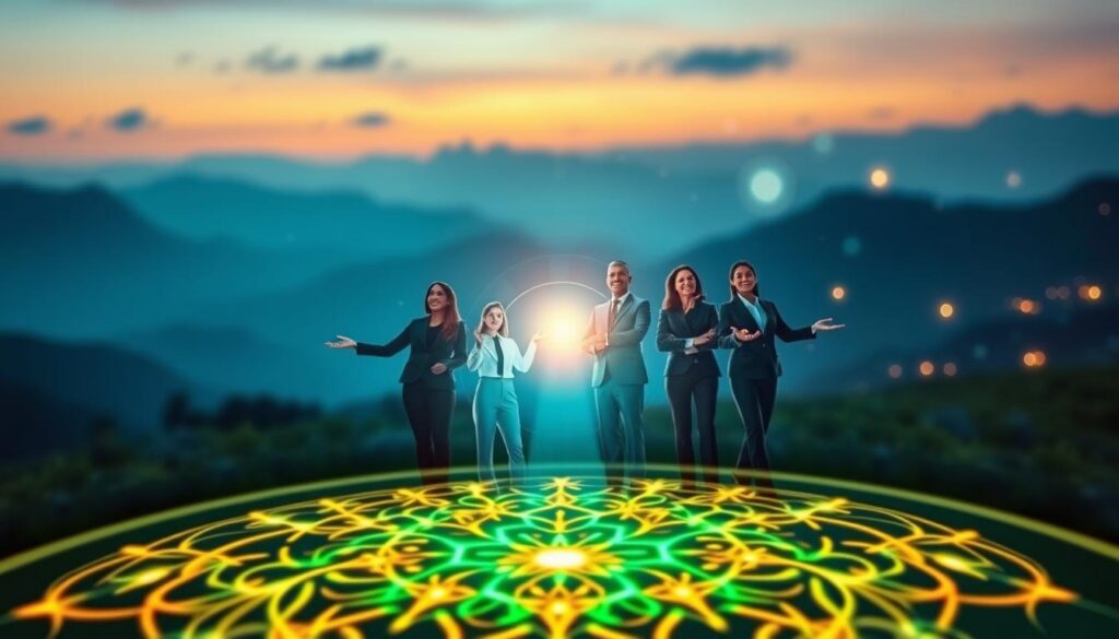 A mesmerizing interpretation of a "soul blueprint for wealth and abundance." In the foreground, intricate geometric patterns resembling a glowing mandala, radiating rich neon colors of emerald green, gold, and deep blue, symbolizing prosperity and growth. The middle ground features ethereal, translucent figures of diverse adults in professional business attire, their hands extended as if embracing the energy of abundance, reflecting confidence and aspiration. In the background, a dreamlike landscape blurs softly into hues of celestial twilight, adorned with floating orbs of light that suggest infinite possibilities. The scene is illuminated by a soft, ambient glow, creating a serene yet potent atmosphere that invites viewers to connect with their highest potential. The shot is taken from a slightly elevated angle, granting an expansive view of both the blueprint and the enchanting surroundings.