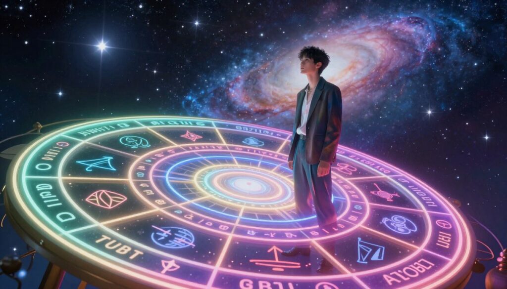 A mesmerizing representation of the "astrology age cycle," showcasing a vibrant and dreamlike design. In the foreground, a celestial wheel with astrological symbols glows in neon colors, each section representing significant life stages correlated with Jupiter returns. In the middle, an ethereal figure of a young adult, dressed in stylish yet professional attire, gazes thoughtfully at the wheel, embodying the spirit of exploration and growth. The background features a cosmic sky filled with sparkling stars and swirling galaxies, creating a sense of wonder and vastness. Use soft, ambient lighting to enhance the magical atmosphere while emphasizing the intricate details of the astrological symbols. Capture the scene with a slight overhead angle, evoking a feeling of mystique and inspiration.