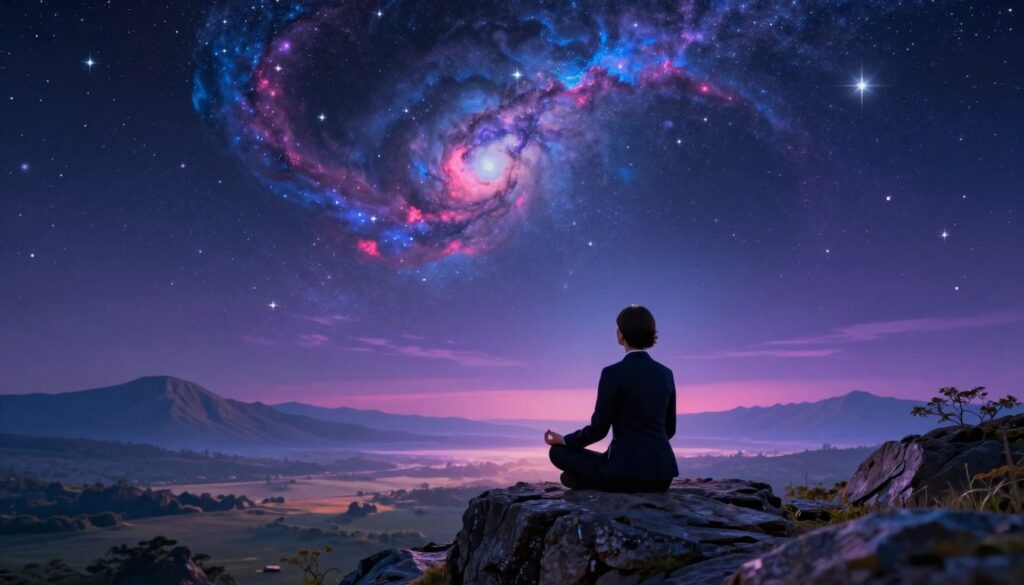 A mesmerizing scene depicting celestial themes for goal reflection, featuring an expansive night sky filled with vibrant, twinkling stars and swirling nebulas in bold neon colors. In the foreground, a serene figure meditating on a rocky outcrop, dressed in professional business attire, symbolizing focus and intention. The middle ground reveals a gentle landscape illuminated by a soft, ethereal glow from the celestial bodies above, blending shades of purple, blue, and pink. The background showcases a distant horizon dotted with majestic mountains under a starlit sky. The lighting is soft and enchanting, creating a dreamlike atmosphere that evokes inspiration and introspection. The angle is slightly elevated, providing a panoramic view of this tranquil celestial realm, inviting contemplation and alignment with the universe’s intentions.