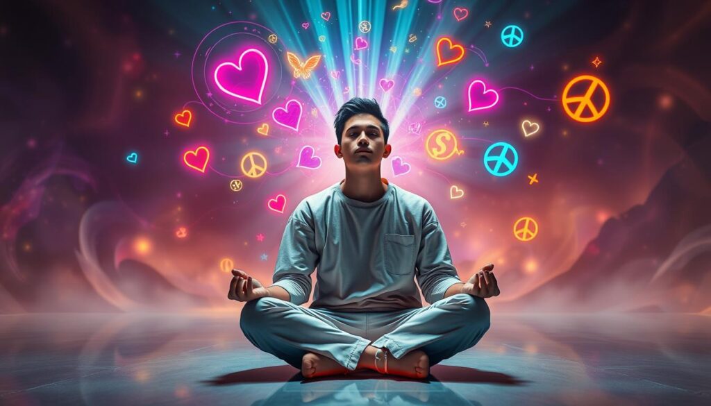 A mesmerizing scene illustrating the concept of "law of attraction focused thought." In the foreground, a contemplative adult Gen Z person sits cross-legged in a meditative pose, dressed in stylish, modest casual clothing. Their eyes radiate focus, surrounded by ethereal swirling neon colors representing thoughts and intentions. In the middle layer, visually striking light rays emanate from the individual, intermingling with holographic symbols of abundance and positivity, such as hearts, dollar signs, and peace symbols. The background features a dreamlike landscape with abstract patterns and soft gradient colors reflecting the themes of manifestation and attraction. The lighting is soft yet vibrant, creating an uplifting atmosphere. Capture the image from a slightly elevated angle, emphasizing the subject amidst the dynamic elements, enhancing the feeling of focus and clarity in their thoughts. A mesmerizing scene illustrating the concept of "law of attraction focused thought." In the foreground, a contemplative adult Gen Z person sits cross-legged in a meditative pose, dressed in stylish, modest casual clothing. Their eyes radiate focus, surrounded by ethereal swirling neon colors representing thoughts and intentions. In the middle layer, visually striking light rays emanate from the individual, intermingling with holographic symbols of abundance and positivity, such as hearts, dollar signs, and peace symbols. The background features a dreamlike landscape with abstract patterns and soft gradient colors reflecting the themes of manifestation and attraction. The lighting is soft yet vibrant, creating an uplifting atmosphere. Capture the image from a slightly elevated angle, emphasizing the subject amidst the dynamic elements, enhancing the feeling of focus and clarity in their thoughts.
