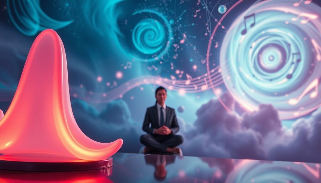 A mesmerizing soundscape representing the essence of 432 Hz music, featuring a vibrant, dreamcore-inspired atmosphere. In the foreground, an elegant soundwave sculpture, glowing in soft neon hues, waves gently. The middle ground showcases a serene figure in professional attire, eyes closed, as if in deep meditation, surrounded by floating musical notes emanating from the soundwave. The background reveals an abstract, starry sky with swirling galaxies and celestial elements that pulsate in rhythm with the music, bathed in a calming blue and purple palette. The composition is illuminated by ethereal lighting, creating a tranquil yet uplifting mood, emphasizing the healing and magnetic allure of 432 Hz sound. The perspective is slightly elevated, capturing the depth and fluidity of the scene for a high-end magazine aesthetic. A mesmerizing soundscape representing the essence of 432 Hz music, featuring a vibrant, dreamcore-inspired atmosphere. In the foreground, an elegant soundwave sculpture, glowing in soft neon hues, waves gently. The middle ground showcases a serene figure in professional attire, eyes closed, as if in deep meditation, surrounded by floating musical notes emanating from the soundwave. The background reveals an abstract, starry sky with swirling galaxies and celestial elements that pulsate in rhythm with the music, bathed in a calming blue and purple palette. The composition is illuminated by ethereal lighting, creating a tranquil yet uplifting mood, emphasizing the healing and magnetic allure of 432 Hz sound. The perspective is slightly elevated, capturing the depth and fluidity of the scene for a high-end magazine aesthetic.