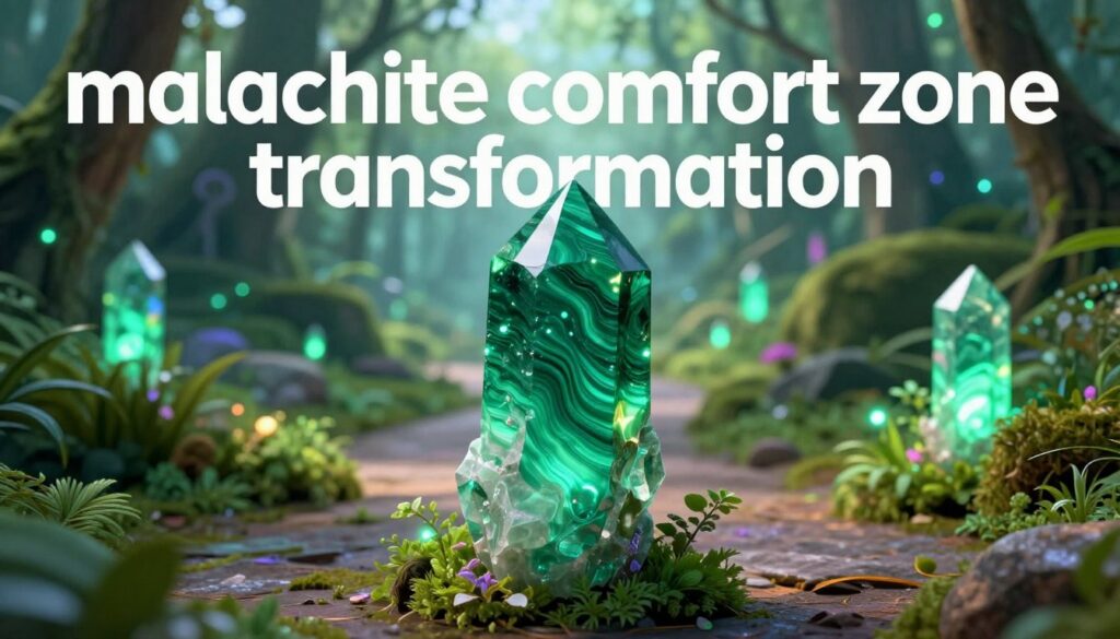 A mesmerizing visual representation of "malachite comfort zone transformation," featuring a vibrant malachite crystal placed prominently in the foreground, its deep green stripes shimmering with intricate details. In the middle ground, a serene environment unfolds, showing a pathway lined with lush greenery and glowing, dreamlike neon colors that evoke a sense of adventure and metamorphosis. The background displays a soft-focus, ethereal landscape with hints of abstract shapes and soft lighting, creating an inviting yet challenging atmosphere. The overall mood is one of empowerment and awakening, captured through a high-angle shot that emphasizes the journey ahead. The composition should embody an upscale magazine advertisement style, appealing to an adult Gen Z audience, rich in texture and color, while maintaining a sense of professionalism. A mesmerizing visual representation of "malachite comfort zone transformation," featuring a vibrant malachite crystal placed prominently in the foreground, its deep green stripes shimmering with intricate details. In the middle ground, a serene environment unfolds, showing a pathway lined with lush greenery and glowing, dreamlike neon colors that evoke a sense of adventure and metamorphosis. The background displays a soft-focus, ethereal landscape with hints of abstract shapes and soft lighting, creating an inviting yet challenging atmosphere. The overall mood is one of empowerment and awakening, captured through a high-angle shot that emphasizes the journey ahead. The composition should embody an upscale magazine advertisement style, appealing to an adult Gen Z audience, rich in texture and color, while maintaining a sense of professionalism.