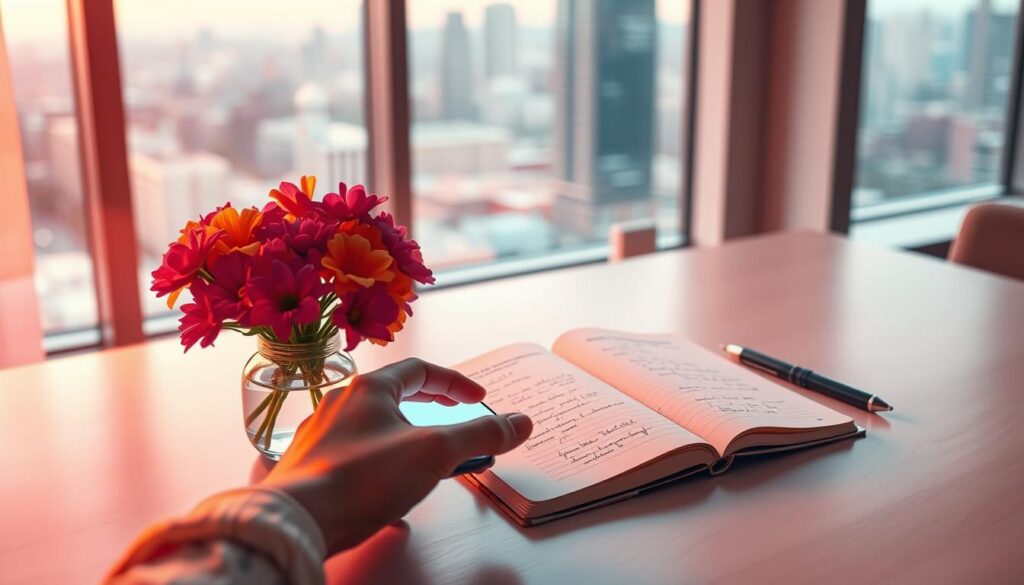 A minimalist workspace bathed in soft, warm light, featuring a hand elegantly poised over a sleek smartphone displaying a glowing text message interface. The foreground highlights fresh, vibrant flowers in a delicate vase to symbolize intention and clarity. In the middle, a stylish notebook with neatly written notes on manifestation lies open beside the phone, reflecting focus and purpose. The background includes a softly blurred cityscape through a large window, enhancing the theme of connection and communication. The overall atmosphere is infused with ethereal neon colors and dreamlike elements, creating a serene yet modern vibe that appeals to an adult Gen Z audience, evoking feelings of hope and determination.
