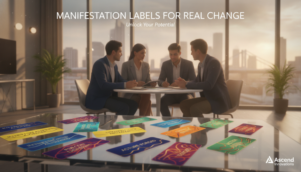 A modern, atmospheric workspace showcasing "manifestation labels for real change." In the foreground, elegantly designed labels in various colors, featuring abstract designs and inspirational phrases, resting on a sleek glass desk. In the middle ground, a diverse group of young adults dressed in professional business attire, engaged in discussion, reflecting focus and determination. The background features a large window with urban views, bathed in warm, natural light that enhances the bright neon colors of the labels. The scene exudes a hopeful and transformative mood, emphasizing an energy of possibility and innovation. Capture this in a high-end magazine advertisement style, using a soft-focus lens effect to convey a dreamy quality.