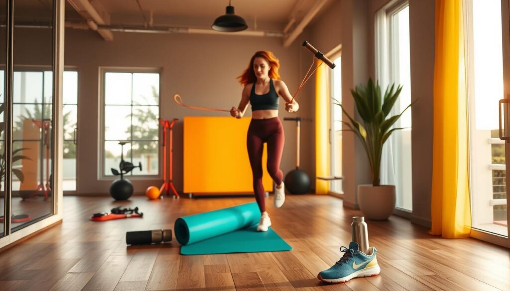 A modern indoor setting promoting daily actions for weight loss, featuring an adult Gen Z individual in tasteful, casual athletic wear, engaging in a dynamic workout. In the foreground, they are energetically jumping rope, showing determination and focus, with a backdrop of bright, neon-colored fitness equipment. The middle ground features a stylish yoga mat and a sleek water bottle, symbolizing a balanced lifestyle. The background includes large windows allowing natural light to flood the space, enhancing the vibrant colors and overall atmosphere. The scene should evoke a sense of motivation and positivity, reminiscent of a high-end magazine advertisement, capturing the essence of manifesting one's fitness goals. The composition should have a warm, inviting glow to inspire the viewer. A modern indoor setting promoting daily actions for weight loss, featuring an adult Gen Z individual in tasteful, casual athletic wear, engaging in a dynamic workout. In the foreground, they are energetically jumping rope, showing determination and focus, with a backdrop of bright, neon-colored fitness equipment. The middle ground features a stylish yoga mat and a sleek water bottle, symbolizing a balanced lifestyle. The background includes large windows allowing natural light to flood the space, enhancing the vibrant colors and overall atmosphere. The scene should evoke a sense of motivation and positivity, reminiscent of a high-end magazine advertisement, capturing the essence of manifesting one's fitness goals. The composition should have a warm, inviting glow to inspire the viewer.