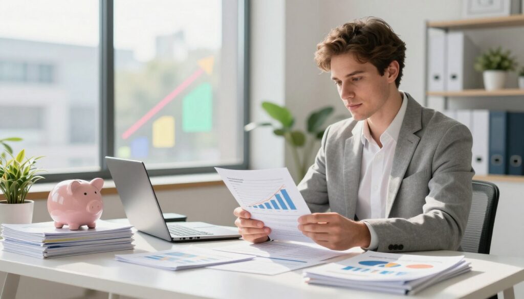 A modern office environment with a Caucasian/white adult Gen Z professional reviewing financial documents on a sleek desk, exuding confidence and focus. In the foreground, stacks of neatly organized financial resources, like a piggy bank, investment books, and a laptop displaying graphs, symbolize a strong financial foundation. The middle ground features a large window with natural sunlight streaming in, illuminating the space, while abstract neon colors subtly reflect the notion of financial growth and stability. In the background, minimalist shelves hold motivational quotes and plants, enhancing the atmosphere of professionalism and growth. The mood is optimistic and empowering, emphasizing readiness for change and resilience in finance. The image captures a high-end magazine advertisement vibe, showcasing a bright future in wealth creation.