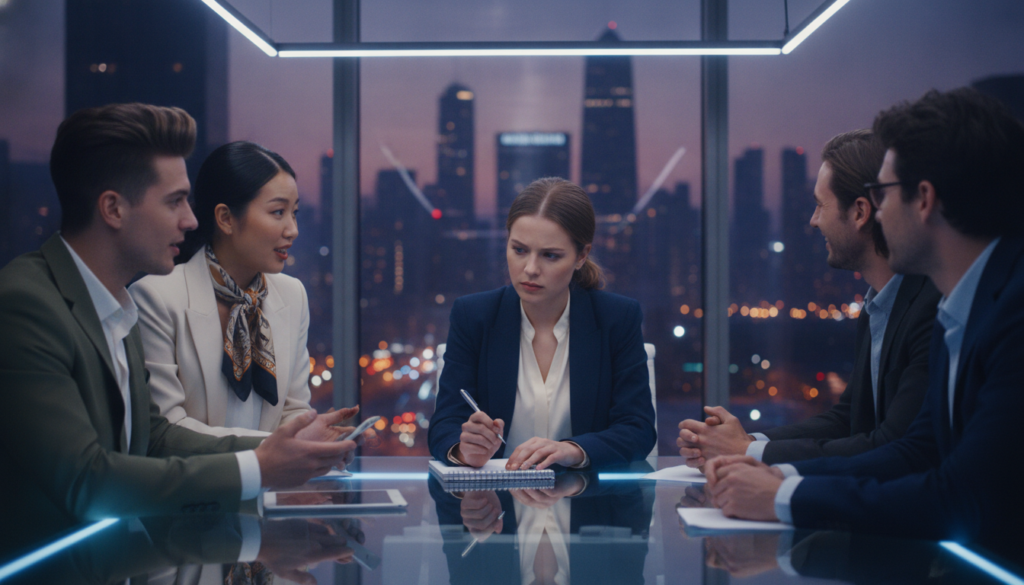 A modern office setting featuring a diverse group of young professionals gathered around a sleek glass table, deep in conversation and contemplation. In the foreground, a young Caucasian woman in professional attire is writing on a notepad, her face reflecting determination and focus as she seeks to find her deeper purpose. In the middle ground, a dynamic group of colleagues, including a Latinx man and an Asian woman, are animatedly discussing ideas, with neon accents subtly illuminating the scene, creating a dreamlike atmosphere. The background showcases a large window with a view of a vibrant city skyline at dusk, casting warm, inviting light across the room. The overall mood is one of inspiration, creativity, and exploration, enhancing the theme of self-discovery before adopting confidence. A modern office setting featuring a diverse group of young professionals gathered around a sleek glass table, deep in conversation and contemplation. In the foreground, a young Caucasian woman in professional attire is writing on a notepad, her face reflecting determination and focus as she seeks to find her deeper purpose. In the middle ground, a dynamic group of colleagues, including a Latinx man and an Asian woman, are animatedly discussing ideas, with neon accents subtly illuminating the scene, creating a dreamlike atmosphere. The background showcases a large window with a view of a vibrant city skyline at dusk, casting warm, inviting light across the room. The overall mood is one of inspiration, creativity, and exploration, enhancing the theme of self-discovery before adopting confidence.