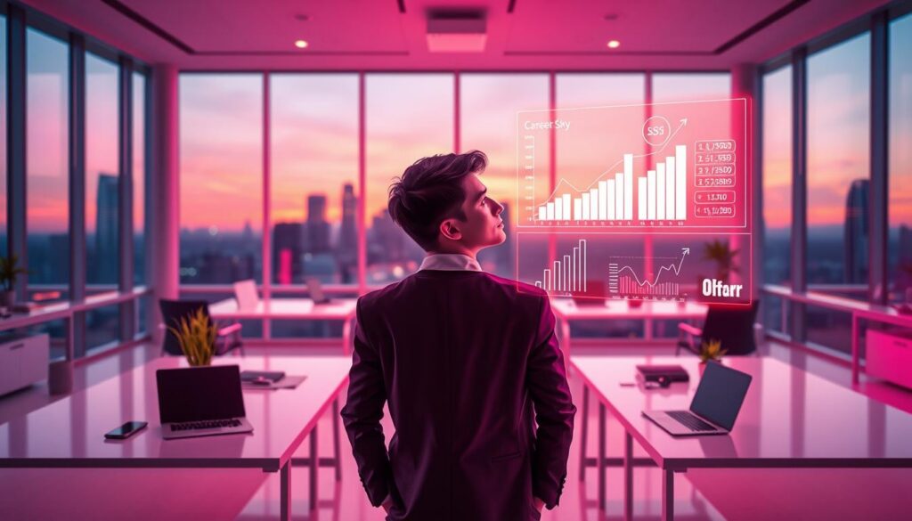 A modern office space illuminated by soft, dreamy neon colors, highlighting an open concept design with futuristic elements. In the foreground, a young adult in professional business attire, looking confidently at a glowing holographic display showcasing charts and graphs of career growth and financial abundance. In the middle, sleek desks with laptops and plants create an ambitious atmosphere. The background features large windows with a panoramic city skyline, symbolizing opportunities and progress under a twilight sky. Soft backlighting enhances the focus on the subject, creating an inspiring and hopeful mood, invoking a sense of guidance and readiness for success. A high-end magazine advertisement style, with a focus on sophistication and aspiration for the adult Gen Z audience. A modern office space illuminated by soft, dreamy neon colors, highlighting an open concept design with futuristic elements. In the foreground, a young adult in professional business attire, looking confidently at a glowing holographic display showcasing charts and graphs of career growth and financial abundance. In the middle, sleek desks with laptops and plants create an ambitious atmosphere. The background features large windows with a panoramic city skyline, symbolizing opportunities and progress under a twilight sky. Soft backlighting enhances the focus on the subject, creating an inspiring and hopeful mood, invoking a sense of guidance and readiness for success. A high-end magazine advertisement style, with a focus on sophistication and aspiration for the adult Gen Z audience.