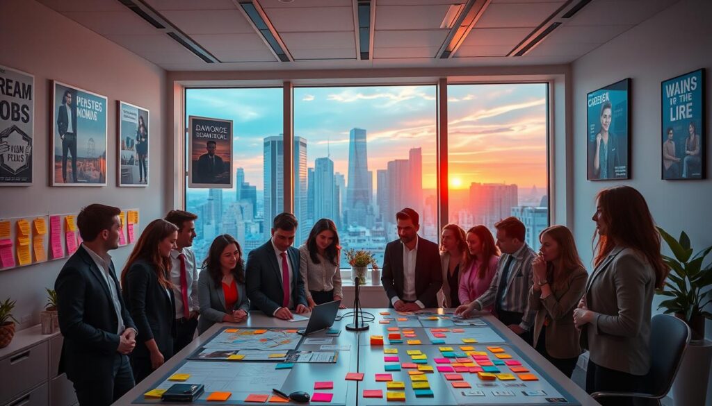 A modern, stylish workspace filled with vibrant neon colors and dreamcore aesthetics. In the foreground, a diverse group of young adults dressed in professional business attire are gathered around a sleek desk covered with vision boards and colorful sticky notes, mapping out their ideal careers. In the middle ground, a large window reveals an urban skyline, drenched in a warm sunset glow. Above them, motivational art hangs on the walls, featuring imagery of dream jobs and successful professionals. The atmosphere is energetic and aspirational, emphasizing focus and ambition. Use a wide-angle lens to capture the entire scene, enhancing the depth, while soft lighting highlights the vibrant colors, creating an inspiring environment. A modern, stylish workspace filled with vibrant neon colors and dreamcore aesthetics. In the foreground, a diverse group of young adults dressed in professional business attire are gathered around a sleek desk covered with vision boards and colorful sticky notes, mapping out their ideal careers. In the middle ground, a large window reveals an urban skyline, drenched in a warm sunset glow. Above them, motivational art hangs on the walls, featuring imagery of dream jobs and successful professionals. The atmosphere is energetic and aspirational, emphasizing focus and ambition. Use a wide-angle lens to capture the entire scene, enhancing the depth, while soft lighting highlights the vibrant colors, creating an inspiring environment.