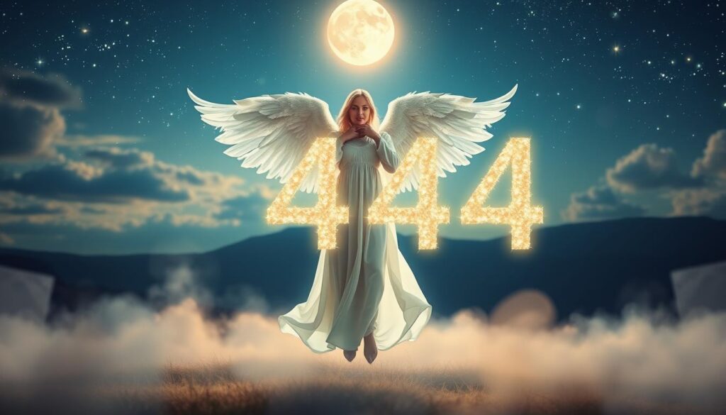 A mystical and enchanting scene featuring the number "444" prominently displayed in an ethereal, shimmering font. In the foreground, a radiant angelic figure, dressed in flowing, luminous robes, extends its wings protectively around the number. The middle ground showcases a dreamlike landscape with soft, neon colors blending harmoniously, emphasizing feelings of peace and safety. The background is a celestial sky filled with twinkling stars and soft, glowing clouds, hinting at a divine presence. The lighting is soft and ethereal, creating an otherworldly atmosphere, as if illuminated by moonlight. A high-quality, cinematic angle captures the angel from below, enhancing its majestic presence and the importance of angel number 444 in conveying absolute protection. A mystical and enchanting scene featuring the number "444" prominently displayed in an ethereal, shimmering font. In the foreground, a radiant angelic figure, dressed in flowing, luminous robes, extends its wings protectively around the number. The middle ground showcases a dreamlike landscape with soft, neon colors blending harmoniously, emphasizing feelings of peace and safety. The background is a celestial sky filled with twinkling stars and soft, glowing clouds, hinting at a divine presence. The lighting is soft and ethereal, creating an otherworldly atmosphere, as if illuminated by moonlight. A high-quality, cinematic angle captures the angel from below, enhancing its majestic presence and the importance of angel number 444 in conveying absolute protection.