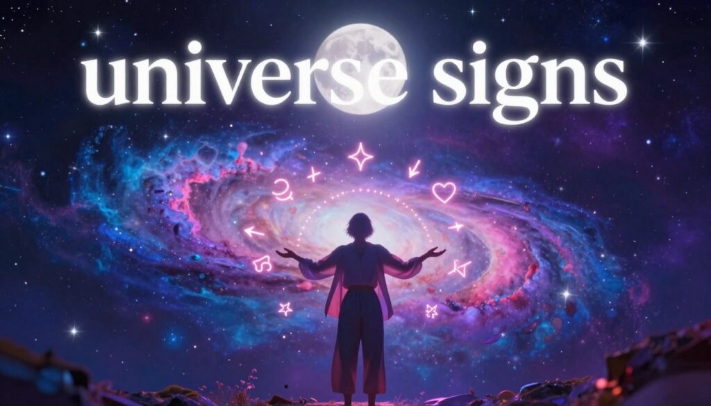 A mystical dreamcore scene capturing the essence of "universe signs" and intuition. In the foreground, an abstract figure representing intuition, dressed in stylish, modest casual clothing, stands with extended arms, surrounded by glowing neon symbols like stars, arrows, and hearts. The middle layer features a shimmering cosmic landscape filled with vibrant nebulae and swirling galaxies, radiating with rich purples, blues, and pinks. In the background, a serene night sky dotted with twinkling stars and a large, luminous full moon casts a gentle light across the scene, enhancing the ethereal atmosphere. The image should have a soft focus effect, reminiscent of high-end magazine advertisements, with an overall dreamy and inspiring mood that resonates with the theme of manifestation and cosmic guidance.