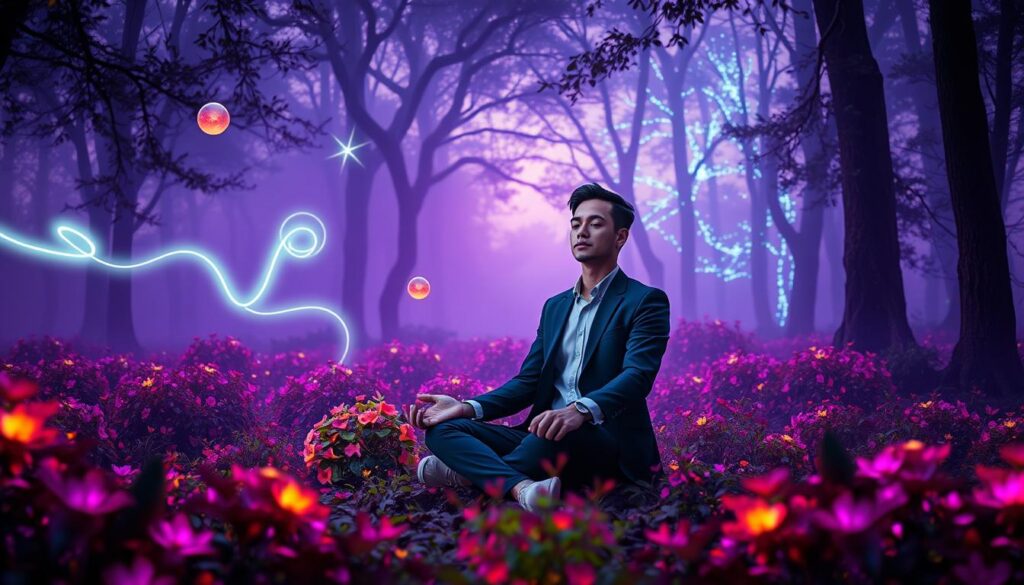 A mystical, ethereal scene depicting an adult Gen Z individual meditating in a serene, dreamy forest filled with vibrant neon-colored flora. In the foreground, the individual, dressed in professional business attire, sits cross-legged with a calm expression, surrounded by floating, luminescent orbs symbolizing soul gifts. The middle ground features wispy, glowing light trails that weave through trees, representing the calling of lightworkers. In the background, soft, billowing fog creates an enchanting atmosphere bathed in a gentle purple hue, while distant trees glimmer with bioluminescent details. The lighting is soft and mystical, reminiscent of twilight, creating a serene and inspiring mood as if inviting the viewer to discover their own soul gifts. A mystical, ethereal scene depicting an adult Gen Z individual meditating in a serene, dreamy forest filled with vibrant neon-colored flora. In the foreground, the individual, dressed in professional business attire, sits cross-legged with a calm expression, surrounded by floating, luminescent orbs symbolizing soul gifts. The middle ground features wispy, glowing light trails that weave through trees, representing the calling of lightworkers. In the background, soft, billowing fog creates an enchanting atmosphere bathed in a gentle purple hue, while distant trees glimmer with bioluminescent details. The lighting is soft and mystical, reminiscent of twilight, creating a serene and inspiring mood as if inviting the viewer to discover their own soul gifts.