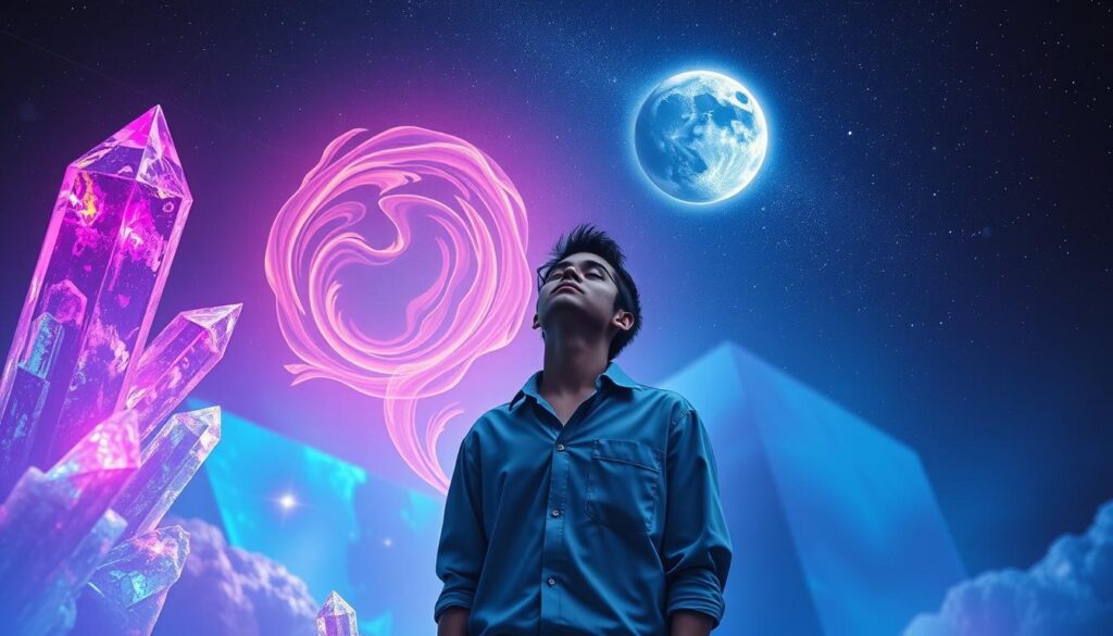 A mystical, ethereal scene depicting the essence of "mercury retrograde sensitive energy." In the foreground, a professional adult Gen Z individual in modest casual clothing stands with their eyes closed, absorbing vibrant, swirling neon colors that radiate from crystalline structures representing energy vibrations. The middle layer features abstract forms and geometric shapes that symbolize confusion and reflection commonly associated with mercury retrograde, bathed in a soft, glowing light. In the background, a starry night sky with a prominent, luminous planet mercury casting a gentle glow, enhancing the dreamlike atmosphere. The overall mood is introspective and calming, with a surreal quality that invites viewers to connect with their sensitive energy amidst the cosmic shifts. Use soft lighting to create a harmonious blend of colors, focusing on a cinematic angle that enhances the otherworldly feel.