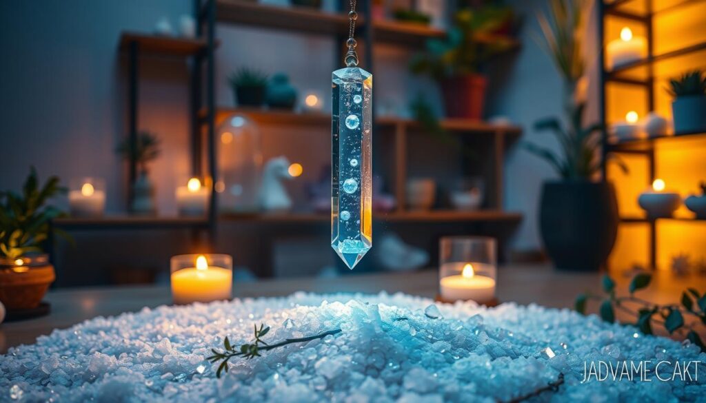 A mystical image of a pendulum being cleansed and charged. In the foreground, a glowing crystal pendulum gently swings above a bed of sparkling salt, surrounded by fresh herbs and candlelight. The middle layer features soft glowing orbs, representing energy emanating from the pendulum, with ethereal light reflecting off its facets. In the background, a serene setting with shelves of neatly arranged crystals and plants, illuminated by warm, ambient lighting that creates a calming atmosphere. The composition is shot from an angled perspective with a shallow depth of field, capturing the enchanting details while evoking a sense of tranquility and spiritual connection, enhanced by dreamy neon colors that hint at modern mysticism.