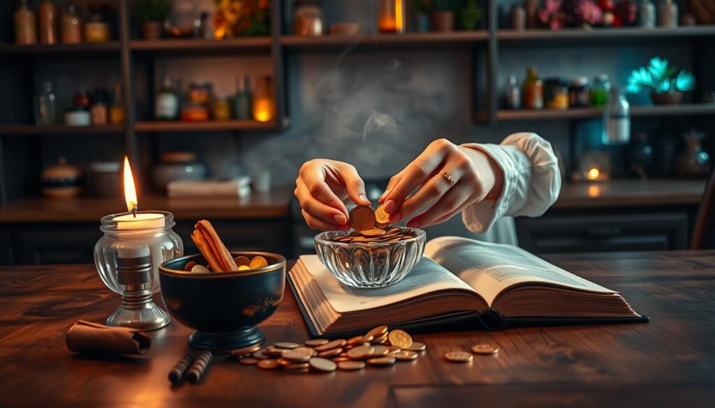 A mystical kitchen setting, featuring an elegant wooden table adorned with vibrant cinnamon sticks, gold coins, and a crystal bowl filled with herbs. In the foreground, an aesthetically pleasing arrangement of the cinnamon money spell ingredients: a lit candle casting a warm glow, a small cauldron steaming gently, and a beautifully arranged spell book open to the relevant page. The middle of the scene showcases delicate hands, clad in professional attire, carefully mixing the cinnamon and coins, emphasizing focus and intention. The background features softly blurred shelves filled with potion jars and botanical elements, infused with neon colors reminiscent of dreamcore aesthetics. Soft, ethereal lighting creates an enchanting, inviting atmosphere, bringing the energy of prosperity to life while maintaining a sense of professionalism and magic. A mystical kitchen setting, featuring an elegant wooden table adorned with vibrant cinnamon sticks, gold coins, and a crystal bowl filled with herbs. In the foreground, an aesthetically pleasing arrangement of the cinnamon money spell ingredients: a lit candle casting a warm glow, a small cauldron steaming gently, and a beautifully arranged spell book open to the relevant page. The middle of the scene showcases delicate hands, clad in professional attire, carefully mixing the cinnamon and coins, emphasizing focus and intention. The background features softly blurred shelves filled with potion jars and botanical elements, infused with neon colors reminiscent of dreamcore aesthetics. Soft, ethereal lighting creates an enchanting, inviting atmosphere, bringing the energy of prosperity to life while maintaining a sense of professionalism and magic.