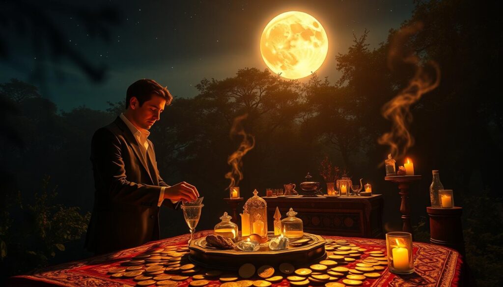 A mystical lunar money ritual set under a luminous night sky featuring a vibrant new moon. In the foreground, a figure dressed in elegant, modest business attire performs a ceremonial act, surrounded by shimmering gold coins and crystals, casting soft, neon hues. The middle ground displays an array of astrological symbols and glowing potions arranged meticulously on a decorated altar. The background showcases a lush, enchanted forest illuminated by cosmic light, with ethereal wisps floating through the air, enhancing the dreamlike atmosphere. The scene is bathed in a soft, celestial glow, creating a serene yet powerful mood, reminiscent of high-end magazine aesthetics. The perspective captures both the intricacy of the ritual and the tranquility of the surrounding nature, emphasizing the importance of the new moon's energy for manifestation. A mystical lunar money ritual set under a luminous night sky featuring a vibrant new moon. In the foreground, a figure dressed in elegant, modest business attire performs a ceremonial act, surrounded by shimmering gold coins and crystals, casting soft, neon hues. The middle ground displays an array of astrological symbols and glowing potions arranged meticulously on a decorated altar. The background showcases a lush, enchanted forest illuminated by cosmic light, with ethereal wisps floating through the air, enhancing the dreamlike atmosphere. The scene is bathed in a soft, celestial glow, creating a serene yet powerful mood, reminiscent of high-end magazine aesthetics. The perspective captures both the intricacy of the ritual and the tranquility of the surrounding nature, emphasizing the importance of the new moon's energy for manifestation.