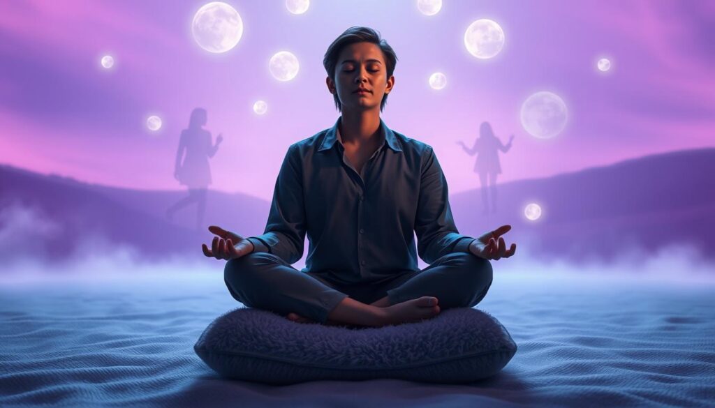 A mystical scene depicting a past life regression experience intertwined with financial fears. In the foreground, a serene figure sits cross-legged on a plush meditation cushion, wearing modest, professional clothing, with a contemplative expression. Their eyes are closed, surrounded by soft, glowing orbs symbolizing past life memories. In the middle ground, ethereal images of past lives and financial struggles manifest as translucent silhouettes, drifting around the figure, showcasing various scenarios of hardship and reflection. The background features a dreamlike, neon-colored landscape, blending shades of purple and blue, creating a soothing yet slightly surreal atmosphere. Soft lighting bathes the scene, casting gentle shadows and adding depth, while the angle emphasizes the introspective nature of the moment. The overall mood evokes a sense of exploration between spirituality and financial awareness, appealing to an adult Gen Z audience. A mystical scene depicting a past life regression experience intertwined with financial fears. In the foreground, a serene figure sits cross-legged on a plush meditation cushion, wearing modest, professional clothing, with a contemplative expression. Their eyes are closed, surrounded by soft, glowing orbs symbolizing past life memories. In the middle ground, ethereal images of past lives and financial struggles manifest as translucent silhouettes, drifting around the figure, showcasing various scenarios of hardship and reflection. The background features a dreamlike, neon-colored landscape, blending shades of purple and blue, creating a soothing yet slightly surreal atmosphere. Soft lighting bathes the scene, casting gentle shadows and adding depth, while the angle emphasizes the introspective nature of the moment. The overall mood evokes a sense of exploration between spirituality and financial awareness, appealing to an adult Gen Z audience.