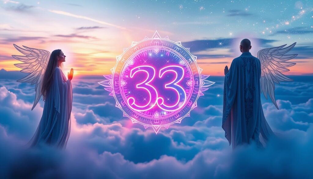 A mystical scene depicting the concept of "spiritual sequence meaning" inspired by the significance of angel number 333. In the foreground, three ethereal figures representing the Ascended Masters, dressed in flowing robes with intricate patterns, emanate a soft, radiant glow. The middle layer features an abstract representation of numbers 3 and 33 intertwined, surrounded by a cascade of vibrant, neon colors. The background is filled with a dreamlike landscape, blending soft clouds and celestial patterns, illuminated by a twilight sky with shimmering stars. The atmosphere is serene and uplifting, invoking a sense of spiritual guidance. Use soft, diffused lighting to enhance the ethereal quality, with a slightly blurred lens effect to create a dreamy ambiance.