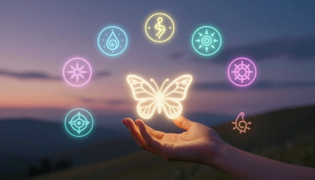 A mystical scene featuring various spirit guide symbols intricately woven together, glowing softly in neon colors. In the foreground, a pair of hands reaching out to touch a luminous symbol resembling a butterfly, representing transformation and inner guidance. The middle layer contains floating orbs of light, each inscribed with different spiritual symbols, creating a sense of ethereal connection. The background showcases a serene landscape with gentle hills under a twilight sky, softly illuminated by starlight, enhancing the dreamlike atmosphere. The overall mood is one of hope, enlightenment, and exploration, with high contrast lighting that highlights the symbols. The composition should evoke a sense of wonder and calm, perfect for inspiring introspection and personal growth. A mystical scene featuring various spirit guide symbols intricately woven together, glowing softly in neon colors. In the foreground, a pair of hands reaching out to touch a luminous symbol resembling a butterfly, representing transformation and inner guidance. The middle layer contains floating orbs of light, each inscribed with different spiritual symbols, creating a sense of ethereal connection. The background showcases a serene landscape with gentle hills under a twilight sky, softly illuminated by starlight, enhancing the dreamlike atmosphere. The overall mood is one of hope, enlightenment, and exploration, with high contrast lighting that highlights the symbols. The composition should evoke a sense of wonder and calm, perfect for inspiring introspection and personal growth.