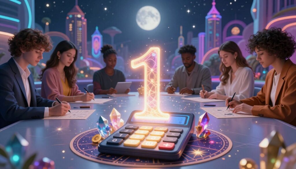 A mystical scene illustrating the calculation of a Life Path Number, prominently featuring a glowing, ethereal number 11 at the center. In the foreground, a detailed, ornate calculator with illuminated buttons surrounded by colorful crystals and cosmic symbols, conveying a sense of magic and intuition. The middle layer shows a diverse group of young adults, dressed in stylish, professional attire, intently focused on numbers and astrological charts on a sleek, modern table. In the background, a panoramic view of an abstract, dreamlike cityscape with vibrant neon colors, softly illuminated by starlight and the moon, creating a serene and inspiring atmosphere. The lighting is soft and enchanting, highlighting the details of the scene while generating a sense of wonder and exploration in the pursuit of self-discovery. A mystical scene illustrating the calculation of a Life Path Number, prominently featuring a glowing, ethereal number 11 at the center. In the foreground, a detailed, ornate calculator with illuminated buttons surrounded by colorful crystals and cosmic symbols, conveying a sense of magic and intuition. The middle layer shows a diverse group of young adults, dressed in stylish, professional attire, intently focused on numbers and astrological charts on a sleek, modern table. In the background, a panoramic view of an abstract, dreamlike cityscape with vibrant neon colors, softly illuminated by starlight and the moon, creating a serene and inspiring atmosphere. The lighting is soft and enchanting, highlighting the details of the scene while generating a sense of wonder and exploration in the pursuit of self-discovery.
