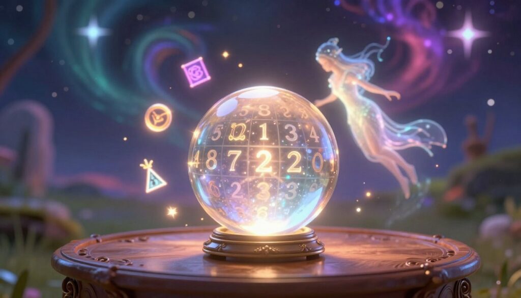 A mystical scene illustrating the concept of lottery number guidance, featuring a glowing crystal ball at the foreground, surrounded by shimmering numbers and symbols of luck. The crystal ball is placed on a polished wooden table with intricate carvings, reflecting soft, ethereal light. In the middle ground, a serene, partially transparent spirit guide figure, depicted as a gentle, glowing presence, hovers near the crystal ball, emanating a warm aura. The background features a dreamy landscape of swirling colors with neon elements, resembling the cosmos, filled with stars and abstract shapes, creating a sense of wonder and possibility. The overall mood is enchanting and hopeful, inviting the viewer into a world where spirit guides can influence fortune, captured with a high-resolution lens, soft focus, and dynamic lighting to enhance the mystical atmosphere. A mystical scene illustrating the concept of lottery number guidance, featuring a glowing crystal ball at the foreground, surrounded by shimmering numbers and symbols of luck. The crystal ball is placed on a polished wooden table with intricate carvings, reflecting soft, ethereal light. In the middle ground, a serene, partially transparent spirit guide figure, depicted as a gentle, glowing presence, hovers near the crystal ball, emanating a warm aura. The background features a dreamy landscape of swirling colors with neon elements, resembling the cosmos, filled with stars and abstract shapes, creating a sense of wonder and possibility. The overall mood is enchanting and hopeful, inviting the viewer into a world where spirit guides can influence fortune, captured with a high-resolution lens, soft focus, and dynamic lighting to enhance the mystical atmosphere.