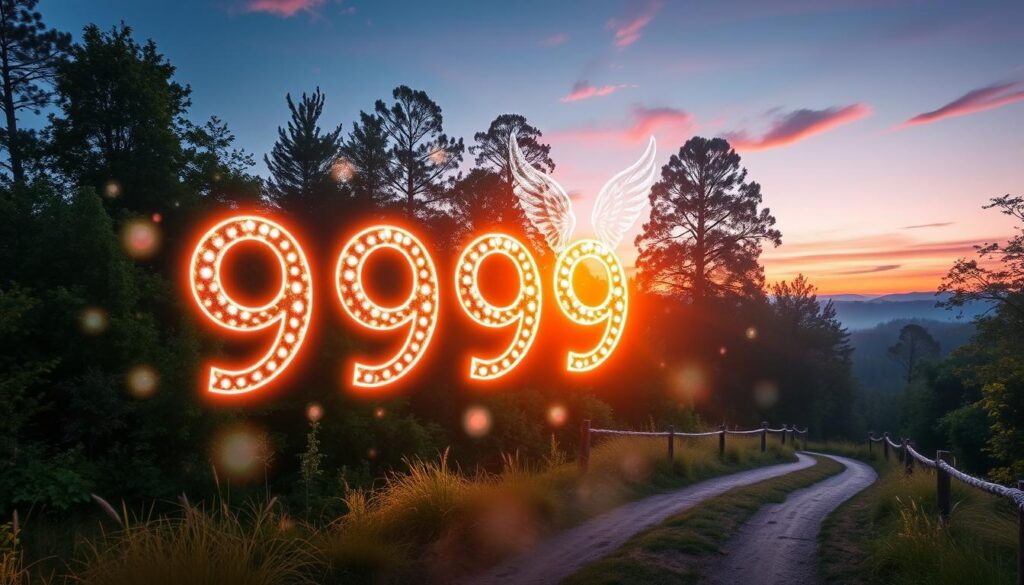A mystical scene symbolizing angel number 999, with a lush, ethereal forest as the background under a twilight sky. In the foreground, three shimmering, luminous 999 digits float gently, surrounded by soft, glowing orbs representing new beginnings and spiritual growth. Delicate angel wings emerge from the digits, hinting at transformation and closure. Utilize vibrant neon colors to create a dreamlike atmosphere, with a subtle haze enhancing the mystical feel. Bright light breaks through the trees, casting intricate shadows, and a winding path leads towards the horizon, symbolizing the end of a significant life cycle. Overall, the mood conveys hope, renewal, and introspective tranquility, capturing the essence of transitioning into new phases.