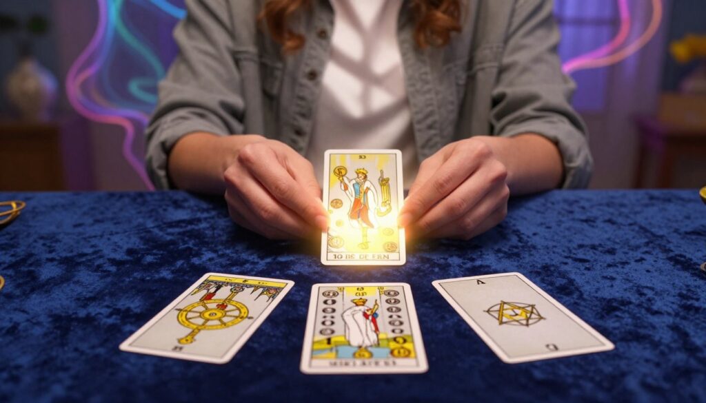 A mystical tarot card reading setup focused on wealth, featuring an elegantly decorated table covered with rich, deep blue velvet. In the foreground, three tarot cards are prominently displayed: The Wheel of Fortune, The Ten of Pentacles, and The Ace of Pentacles, all illuminated by a soft, warm glow. In the middle, a pair of hands (Caucasian, dressed in modest casual clothing) gently moves the cards, suggesting an aura of contemplation. The background features a dreamlike atmosphere, with ethereal, neon hues swirling around, hinting at the energy of wealth and abundance. Soft rays of light filter through a nearby window, casting playful shadows, enhancing the enchanting mood. The overall vibe is serene and reflective, designed to inspire feelings of hope and possibility around financial prosperity. A mystical tarot card reading setup focused on wealth, featuring an elegantly decorated table covered with rich, deep blue velvet. In the foreground, three tarot cards are prominently displayed: The Wheel of Fortune, The Ten of Pentacles, and The Ace of Pentacles, all illuminated by a soft, warm glow. In the middle, a pair of hands (Caucasian, dressed in modest casual clothing) gently moves the cards, suggesting an aura of contemplation. The background features a dreamlike atmosphere, with ethereal, neon hues swirling around, hinting at the energy of wealth and abundance. Soft rays of light filter through a nearby window, casting playful shadows, enhancing the enchanting mood. The overall vibe is serene and reflective, designed to inspire feelings of hope and possibility around financial prosperity.