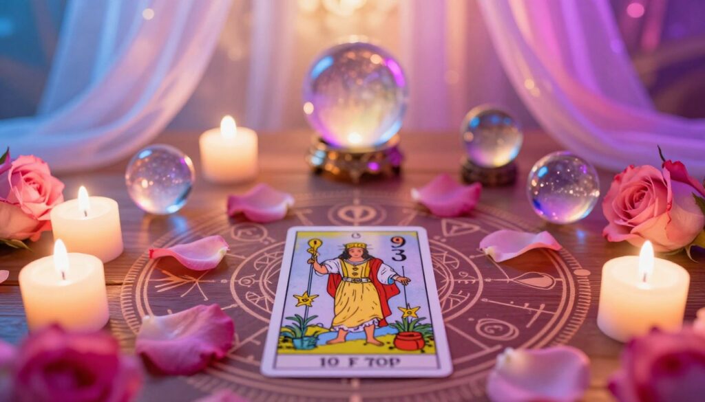 A mystical tarot reading scene with a vibrant, dreamcore aesthetic emphasizing the Nine of Cups card. In the foreground, a beautifully illustrated tarot card displaying the Nine of Cups, surrounded by soft, glowing candles and delicate rose petals. The middle ground features a polished wooden table adorned with crystal orbs and intricate astrological symbols, hinting at love and connection. The background contains a softly lit room with ethereal curtains fluttering, illuminated by a warm, multi-colored glow. The overall atmosphere is enchanting and uplifting, evoking feelings of hope, fulfillment, and romance. The lighting is soft yet vibrant, enhancing the neon colors and dreamlike quality, perfect for an adult Gen Z audience. A mystical tarot reading scene with a vibrant, dreamcore aesthetic emphasizing the Nine of Cups card. In the foreground, a beautifully illustrated tarot card displaying the Nine of Cups, surrounded by soft, glowing candles and delicate rose petals. The middle ground features a polished wooden table adorned with crystal orbs and intricate astrological symbols, hinting at love and connection. The background contains a softly lit room with ethereal curtains fluttering, illuminated by a warm, multi-colored glow. The overall atmosphere is enchanting and uplifting, evoking feelings of hope, fulfillment, and romance. The lighting is soft yet vibrant, enhancing the neon colors and dreamlike quality, perfect for an adult Gen Z audience.