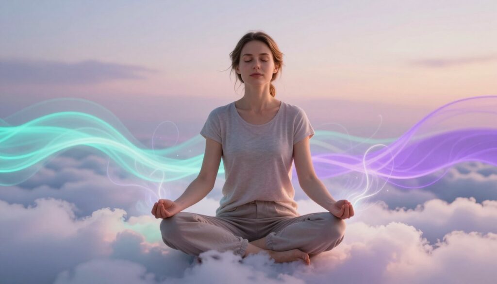A peaceful meditation scene featuring a young adult Caucasian woman sitting cross-legged on a soft, cloud-like surface. In the foreground, she is dressed in comfortable, modest casual clothing. Her eyes are gently closed, and she appears serene, radiating calm energy. Surrounding her, ethereal strands of soft, glowing light weave through the air, visually representing guided meditation and light visualization. In the middle ground, abstract shapes and gentle waves of vibrant neon colors, like turquoise and violet, flow harmoniously to signify the release of negative energy. The background is a blurred gradient of pastel shades, creating a tranquil, dreamlike atmosphere. Soft, ambient lighting illuminates the scene, enhancing the calming mood, as if sunlight is filtering through wispy clouds. The angle is slightly elevated, showcasing the vibrant visualization enveloping the meditating figure. A peaceful meditation scene featuring a young adult Caucasian woman sitting cross-legged on a soft, cloud-like surface. In the foreground, she is dressed in comfortable, modest casual clothing. Her eyes are gently closed, and she appears serene, radiating calm energy. Surrounding her, ethereal strands of soft, glowing light weave through the air, visually representing guided meditation and light visualization. In the middle ground, abstract shapes and gentle waves of vibrant neon colors, like turquoise and violet, flow harmoniously to signify the release of negative energy. The background is a blurred gradient of pastel shades, creating a tranquil, dreamlike atmosphere. Soft, ambient lighting illuminates the scene, enhancing the calming mood, as if sunlight is filtering through wispy clouds. The angle is slightly elevated, showcasing the vibrant visualization enveloping the meditating figure.