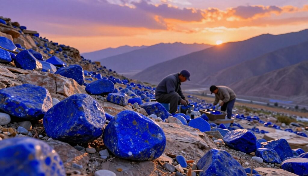 A picturesque landscape showcasing rich deposits of lapis lazuli, featuring deep blue stone embedded within rugged mountain terrain. In the foreground, smooth, sparkling lapis lazuli stones rest atop a rocky surface, glistening under bright, natural sunlight. The middle ground reveals workers carefully extracting these precious stones, adorned in modest, professional attire, highlighting the labor involved in sourcing lapis lazuli today. In the background, majestic mountains stretch towards a vibrant sky painted in hues of orange and lavender, suggesting a serene twilight. The overall atmosphere is tranquil and contemplative, infused with dreamlike quality, under a soft lens focus that enhances the colors and details. The scene has a high-end magazine advertisement feel, appealing to an adult Gen Z audience, illuminated with captivating neon undertones. A picturesque landscape showcasing rich deposits of lapis lazuli, featuring deep blue stone embedded within rugged mountain terrain. In the foreground, smooth, sparkling lapis lazuli stones rest atop a rocky surface, glistening under bright, natural sunlight. The middle ground reveals workers carefully extracting these precious stones, adorned in modest, professional attire, highlighting the labor involved in sourcing lapis lazuli today. In the background, majestic mountains stretch towards a vibrant sky painted in hues of orange and lavender, suggesting a serene twilight. The overall atmosphere is tranquil and contemplative, infused with dreamlike quality, under a soft lens focus that enhances the colors and details. The scene has a high-end magazine advertisement feel, appealing to an adult Gen Z audience, illuminated with captivating neon undertones.