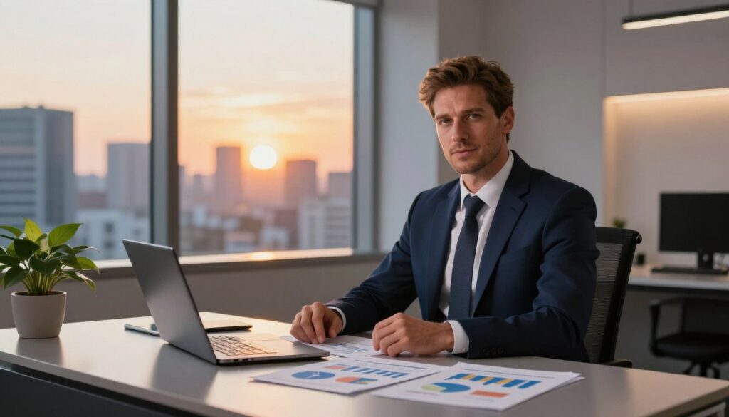 A professional business setting featuring a Caucasian man in a sharp suit, sitting confidently at a sleek modern desk, which is covered with financial documents, charts, and a laptop displaying graphs. To the left, a large window reveals a city skyline bathed in the warm glow of sunset, casting soft golden light across the room. In the foreground, a potted plant adds a touch of greenery, symbolizing growth and prosperity. The overall color palette incorporates rich, neon hues to evoke a sense of ambition and modernity, creating a high-end magazine advertisement feel. The mood is focused and inspiring, illustrating the concept of smart money moves for long-term wealth building among successful, upwardly mobile individuals. A professional business setting featuring a Caucasian man in a sharp suit, sitting confidently at a sleek modern desk, which is covered with financial documents, charts, and a laptop displaying graphs. To the left, a large window reveals a city skyline bathed in the warm glow of sunset, casting soft golden light across the room. In the foreground, a potted plant adds a touch of greenery, symbolizing growth and prosperity. The overall color palette incorporates rich, neon hues to evoke a sense of ambition and modernity, creating a high-end magazine advertisement feel. The mood is focused and inspiring, illustrating the concept of smart money moves for long-term wealth building among successful, upwardly mobile individuals.