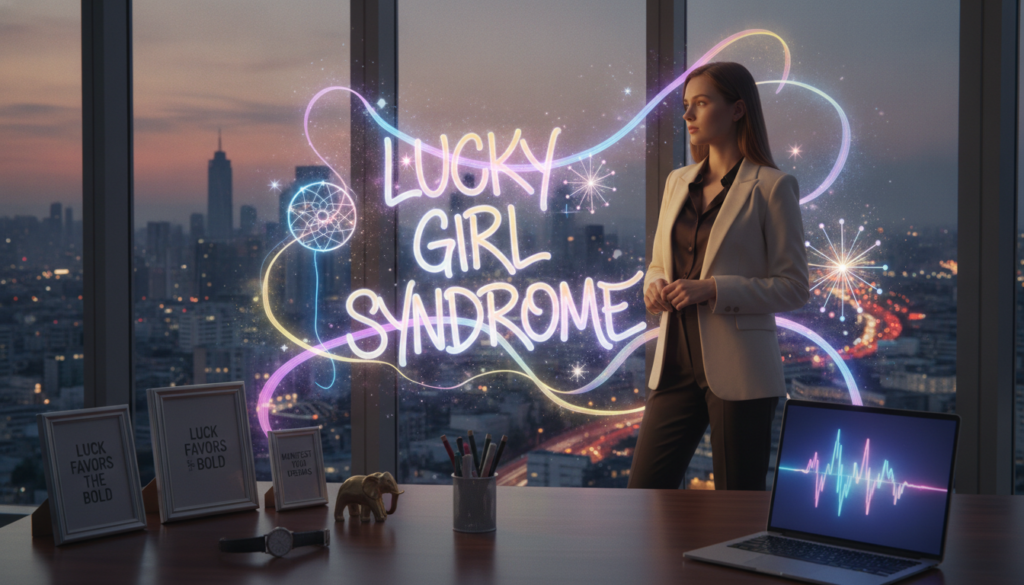 A professional-looking young Caucasian woman standing in a sleek, modern office environment, dressed in elegant business attire, gazing thoughtfully out of a large window. In the foreground, a stylish desk cluttered with motivational quotes, luxury items, and a glowing laptop reflects ambition and success. The middle ground features abstract neon-colored visuals representing the concept of "Lucky Girl Syndrome," with vibrant dreamcore elements swirling around her, symbolizing the viral trend. In the background, a city skyline at dusk, illuminated by glowing lights, conveys a sense of opportunity and wealth. The lighting is bright with a soft glow, capturing an uplifting yet contemplative atmosphere, shot with a slight angle to evoke depth and engagement.