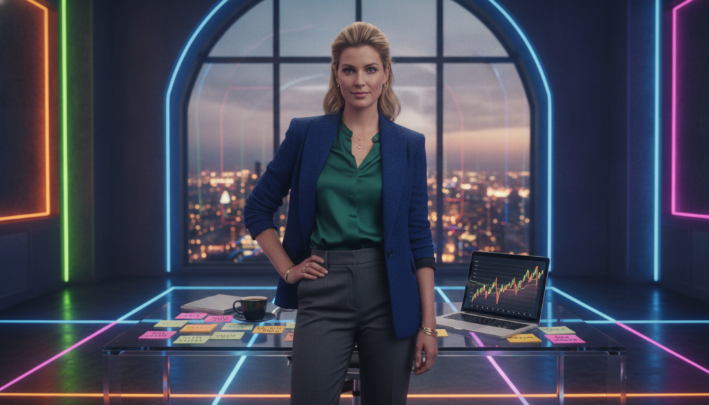A professional young Caucasian adult dressed in stylish business attire stands confidently in a modern office space, surrounded by vivid neon colors that evoke a dreamcore ambiance. The foreground features a confident pose, with the subject gazing forward, embodying the essence of 'acting as if.' In the middle, a vibrant desk cluttered with motivational notes and a sleek laptop reflects determination and ambition. The background reveals a large window with a cityscape view, bathed in soft, warm lighting that adds an uplifting and hopeful atmosphere. The image should capture the psychology of confidence and the transformative power of 'fake it till you make it,' highlighting a blend of ambition and self-belief, suitable for a high-end magazine aesthetic. A professional young Caucasian adult dressed in stylish business attire stands confidently in a modern office space, surrounded by vivid neon colors that evoke a dreamcore ambiance. The foreground features a confident pose, with the subject gazing forward, embodying the essence of 'acting as if.' In the middle, a vibrant desk cluttered with motivational notes and a sleek laptop reflects determination and ambition. The background reveals a large window with a cityscape view, bathed in soft, warm lighting that adds an uplifting and hopeful atmosphere. The image should capture the psychology of confidence and the transformative power of 'fake it till you make it,' highlighting a blend of ambition and self-belief, suitable for a high-end magazine aesthetic.