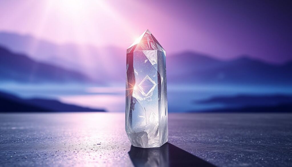 A radiant clear quartz crystal sits prominently in the foreground, reflecting shards of light that create a kaleidoscope effect. In the middle ground, soft, ethereal energies swirl around the crystal, depicted in vibrant neon hues reminiscent of dreamcore aesthetics, symbolizing its amplifying properties. The background features a serene, softly glowing landscape, merging gentle gradients of deep indigo and soft lavender, evoking a mystical atmosphere. Light streams down from an unseen source, enhancing the crystal's brilliance and creating delicate shadows that dance around it. The overall mood is tranquil and enchanting, inviting contemplation on the spiritual symbolism and meaning of clear quartz. The composition should convey a sense of harmony and amplification, showcasing the crystal's power in an elegant, high-end magazine style. A radiant clear quartz crystal sits prominently in the foreground, reflecting shards of light that create a kaleidoscope effect. In the middle ground, soft, ethereal energies swirl around the crystal, depicted in vibrant neon hues reminiscent of dreamcore aesthetics, symbolizing its amplifying properties. The background features a serene, softly glowing landscape, merging gentle gradients of deep indigo and soft lavender, evoking a mystical atmosphere. Light streams down from an unseen source, enhancing the crystal's brilliance and creating delicate shadows that dance around it. The overall mood is tranquil and enchanting, inviting contemplation on the spiritual symbolism and meaning of clear quartz. The composition should convey a sense of harmony and amplification, showcasing the crystal's power in an elegant, high-end magazine style.