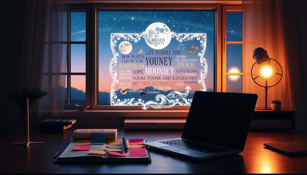 A radiant desk setting illuminated by soft neon lighting, capturing the essence of "clear money intention." In the foreground, an elegantly arranged planner filled with colorful sticky notes, each symbolizing specific monetary goals, alongside a sleek, modern laptop. The middle layer features a shimmering crystal vision board adorned with motivational images and keywords about wealth and prosperity, glistening under purposeful lighting. The background showcases a beautifully framed window revealing a dreamy, starry night sky, hinting at manifestation possibilities during the new moon phase. The overall atmosphere is inspiring and hopeful, encouraging a sense of clarity and purpose regarding financial intentions. The scene embodies a high-end magazine advertisement style, appealing to adult Gen Z, evoking creativity and ambition. A radiant desk setting illuminated by soft neon lighting, capturing the essence of "clear money intention." In the foreground, an elegantly arranged planner filled with colorful sticky notes, each symbolizing specific monetary goals, alongside a sleek, modern laptop. The middle layer features a shimmering crystal vision board adorned with motivational images and keywords about wealth and prosperity, glistening under purposeful lighting. The background showcases a beautifully framed window revealing a dreamy, starry night sky, hinting at manifestation possibilities during the new moon phase. The overall atmosphere is inspiring and hopeful, encouraging a sense of clarity and purpose regarding financial intentions. The scene embodies a high-end magazine advertisement style, appealing to adult Gen Z, evoking creativity and ambition.