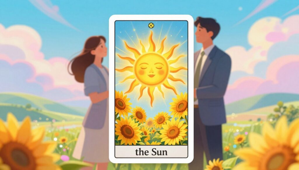 A radiant tarot card illustration of "The Sun" card representing love and relationships, positioned as the focal point in the foreground. The card features a vibrant sun with a radiant face, embodying positivity and warmth, surrounded by blooming sunflowers symbolizing growth and joy. In the middle ground, a couple in professional attire, smiling and embracing, radiate happiness and connection under the sun's glow. The background consists of a dreamy landscape with soft, flowing hills and a bright azure sky filled with wispy clouds, infused with neon colors for a modern touch. The overall atmosphere is uplifting and celebratory, capturing the essence of love and harmony. The lighting is bright and ethereal, giving it a polished, high-end magazine advertisement look, ideal for an audience of adult Gen Z. A radiant tarot card illustration of "The Sun" card representing love and relationships, positioned as the focal point in the foreground. The card features a vibrant sun with a radiant face, embodying positivity and warmth, surrounded by blooming sunflowers symbolizing growth and joy. In the middle ground, a couple in professional attire, smiling and embracing, radiate happiness and connection under the sun's glow. The background consists of a dreamy landscape with soft, flowing hills and a bright azure sky filled with wispy clouds, infused with neon colors for a modern touch. The overall atmosphere is uplifting and celebratory, capturing the essence of love and harmony. The lighting is bright and ethereal, giving it a polished, high-end magazine advertisement look, ideal for an audience of adult Gen Z.