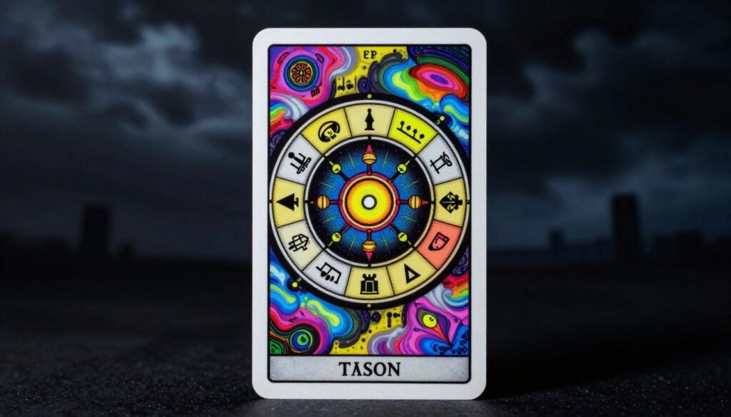 A reversed Wheel of Fortune Tarot card positioned prominently in the foreground, showcasing the intricate details of the card design with symbols of misfortune, imbalance, and stagnation highlighted in vibrant neon colors. The middle layer features abstract dreamcore elements like swirling clouds and a kaleidoscope of colors that evoke a sense of confusion and unpredictability, capturing the card's meaning of change and setbacks. In the background, a dark, moody landscape enhances the atmosphere, with faint outlines of a turbulent sky and distant city skyline, conveying a sense of lurking uncertainty. The lighting is dramatic, with sharp contrasts illuminating the card and casting intriguing shadows. The overall mood is enigmatic and contemplative, inviting viewers to reflect on the deeper implications of the reversed Wheel of Fortune. A reversed Wheel of Fortune Tarot card positioned prominently in the foreground, showcasing the intricate details of the card design with symbols of misfortune, imbalance, and stagnation highlighted in vibrant neon colors. The middle layer features abstract dreamcore elements like swirling clouds and a kaleidoscope of colors that evoke a sense of confusion and unpredictability, capturing the card's meaning of change and setbacks. In the background, a dark, moody landscape enhances the atmosphere, with faint outlines of a turbulent sky and distant city skyline, conveying a sense of lurking uncertainty. The lighting is dramatic, with sharp contrasts illuminating the card and casting intriguing shadows. The overall mood is enigmatic and contemplative, inviting viewers to reflect on the deeper implications of the reversed Wheel of Fortune.