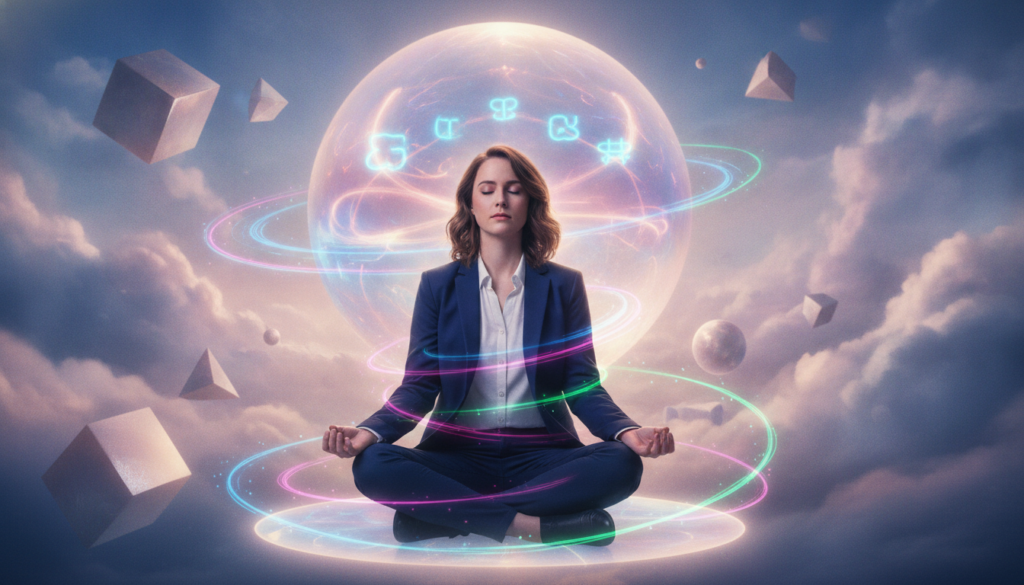 A scene depicting a serene and mystic environment that embodies psychic abilities and intuitive strengths. In the foreground, a young adult Caucasian woman in professional business attire sits cross-legged on an ethereal platform, her eyes closed in deep meditation. Wisps of neon light swirl around her, symbolizing energy and intuition. In the middle background, a luminous crystal orb glows softly, radiating colorful patterns that suggest telepathy and connection. The backdrop features a dreamlike landscape with floating geometric shapes and soft, swirling clouds in vibrant shades of blue, pink, and purple. The lighting is soft yet radiant, creating a warm, inviting atmosphere. Capture the essence of curiosity and exploration, representing the potential within us all to tap into psychic abilities and intuitive strengths. A scene depicting a serene and mystic environment that embodies psychic abilities and intuitive strengths. In the foreground, a young adult Caucasian woman in professional business attire sits cross-legged on an ethereal platform, her eyes closed in deep meditation. Wisps of neon light swirl around her, symbolizing energy and intuition. In the middle background, a luminous crystal orb glows softly, radiating colorful patterns that suggest telepathy and connection. The backdrop features a dreamlike landscape with floating geometric shapes and soft, swirling clouds in vibrant shades of blue, pink, and purple. The lighting is soft yet radiant, creating a warm, inviting atmosphere. Capture the essence of curiosity and exploration, representing the potential within us all to tap into psychic abilities and intuitive strengths.
