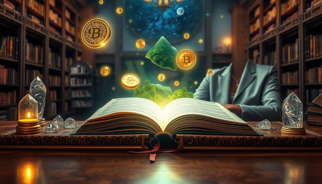 A serene Akashic Records reading scene, featuring a professional woman in modest business attire, seated at an ornate wooden table adorned with shimmering crystals and open ancient texts. In the foreground, a glowing, ethereal light emanates from the pages, illuminating intricate symbols and designs representing wealth and abundance. In the middle ground, floating holographic images of gold coins and lush green landscapes hover above the table, symbolizing prosperity. The background features a softly lit, dreamlike library filled with books and a cosmic starry sky, creating a mystical atmosphere. Neon colors subtly accent the scene, enhancing the otherworldly feel. The overall mood is calm yet inspiring, inviting viewers to explore the depths of wealth's potential within the Akashic Records.