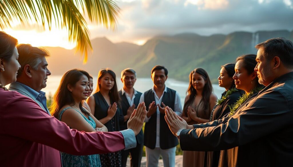 A serene Hawaiian landscape serves as the backdrop, with lush green mountains and cascading waterfalls. In the foreground, a diverse group of adults in professional yet modest attire practices the Ho'Oponopono prayer, forming a circle. Their expressions are peaceful and reflective, embodying a deep sense of emotional healing and connection. Soft, ambient neon colors illuminate the scene, creating a calming atmosphere. The lighting is warm and ethereal, reminiscent of a sunset filtering through palm trees. The lens captures a close-up angle, focusing on the participants' hands gently clasped together, symbolizing unity and collective healing. In the background, the ocean glistens under the fading light, enhancing the tranquil mood and evoking a sense of spiritual renewal intertwined with financial healing.