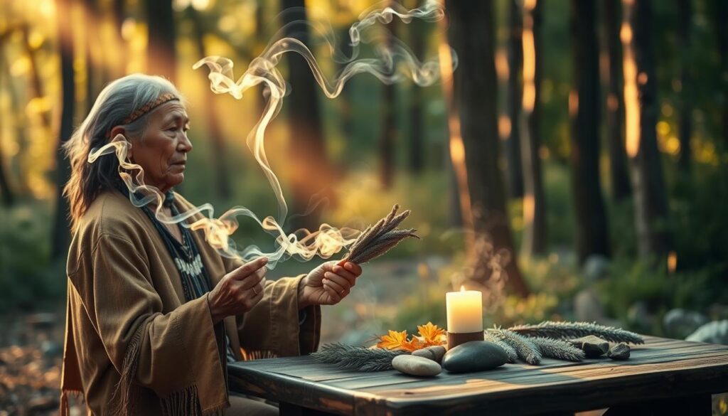 A serene Native American elder performing a traditional sage smudging ceremony, dressed in modest traditional attire. In the foreground, the elder holds a bundle of sage, with wisps of smoke curling upwards in intricate patterns, symbolizing purification and spiritual cleansing. The middle ground features a wooden table adorned with natural elements like feathers, stones, and a softly glowing candle. In the background, a lush, tranquil forest setting bathed in warm, golden light enhances the spirituality of the scene, with gentle rays filtering through the trees. The atmosphere is calm and reflective, evoking a sense of peace and connection to nature, perfectly capturing the essence of sage smudging and its cultural significance. The image should have a soft focus, emphasizing the ethereal quality of the smoke and the reverent mood of the ceremony.