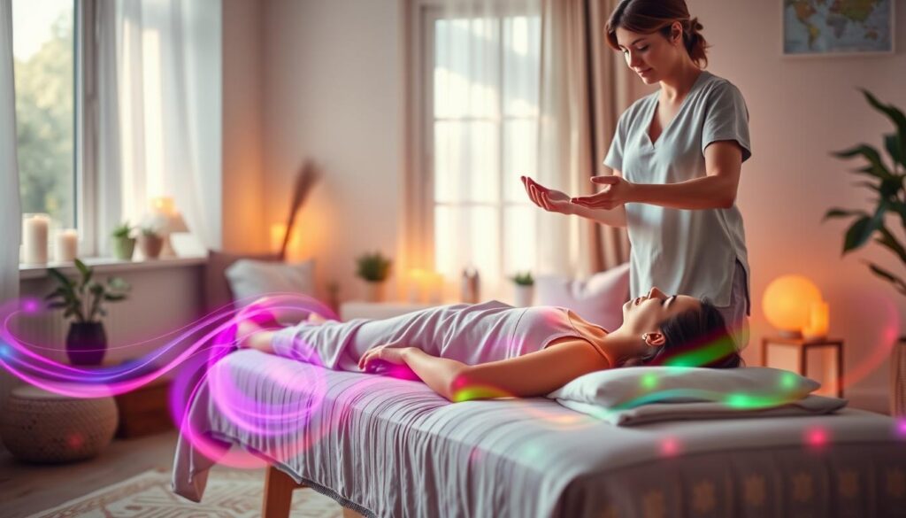 A serene Reiki energy therapy session set in a softly lit, cozy room. In the foreground, a practitioner in modest casual clothing gently hovers their hands above a relaxed client lying on a massage table, both radiating a calming aura. Vibrant streams of colorful, glowing energy, symbolizing the flow of Reiki, swirl around them in dreamlike neon colors, creating a visual representation of energy healing. The middle ground features soothing decorations, like candles and plants, enhancing the tranquil atmosphere. In the background, a large window allows soft, natural light to filter in, casting gentle shadows. The overall mood is peaceful and uplifting, inviting viewers to feel the balance and harmony of energy work, reminiscent of a high-end magazine advertisement that appeals to an adult Gen Z audience.