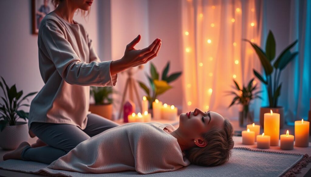 A serene Reiki therapy session illustrating the benefits for stress and anxiety, set in a tranquil, softly-lit room adorned with calming decorations. In the foreground, a practitioner, dressed in modest casual attire, gently places their hands above a seated recipient, who is relaxed with closed eyes, exuding a sense of peace. The middle layer features warm, glowing crystals and candles that radiate gentle light, enhancing the atmosphere of healing. In the background, lush plants and distant soft curtains create a dreamy, soothing environment. The scene is infused with neon colors subtly engaging with the natural palette, evoking a modern, high-end magazine aesthetic tailored to an adult Gen Z audience. The overall mood is calming, inviting, and rejuvenating, emphasizing the transformative power of Reiki healing.