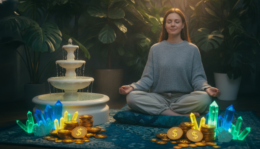 A serene abundance meditation scene focusing on wealth and prosperity. In the foreground, a young Caucasian woman sits cross-legged on a vibrant, plush mat, dressed in modest casual clothing. She is surrounded by glowing, neon-colored crystals and golden coins, symbolizing wealth. In the middle ground, a gently flowing indoor fountain creates a tranquil water sound, enhancing the atmosphere. Behind her, large potted plants with rich green leaves add a lush sense of abundance. The soft, warm lighting casts a halo effect around her, creating a peaceful and inviting ambiance. The camera angle is slightly elevated, capturing the layering of elements while emphasizing the woman's focused expression, radiating calm and confidence in her meditation practice. The overall mood is one of tranquility and hopeful abundance.