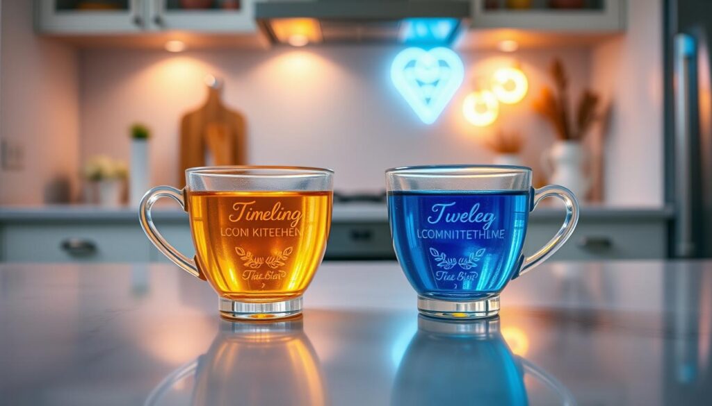 A serene, aesthetically pleasing kitchen scene with two elegant cups placed prominently on a sleek countertop, one filled with shimmering golden liquid and the other with deep blue liquid, symbolizing the two timelines in the Two Cup Method. Bright, soft lighting highlights the cups, casting delicate shadows that enhance their textures. In the background, vibrant dreamcore elements, such as abstract neon shapes and softly glowing decor, provide a whimsical touch without overshadowing the cups. The overall mood is inspiring and calm, encouraging mindfulness and transformation. The composition uses a close-up angle, drawing attention to the cups while suggesting a sense of depth through blurred kitchen appliances. No people are present, ensuring a focus on the method itself. A serene, aesthetically pleasing kitchen scene with two elegant cups placed prominently on a sleek countertop, one filled with shimmering golden liquid and the other with deep blue liquid, symbolizing the two timelines in the Two Cup Method. Bright, soft lighting highlights the cups, casting delicate shadows that enhance their textures. In the background, vibrant dreamcore elements, such as abstract neon shapes and softly glowing decor, provide a whimsical touch without overshadowing the cups. The overall mood is inspiring and calm, encouraging mindfulness and transformation. The composition uses a close-up angle, drawing attention to the cups while suggesting a sense of depth through blurred kitchen appliances. No people are present, ensuring a focus on the method itself.