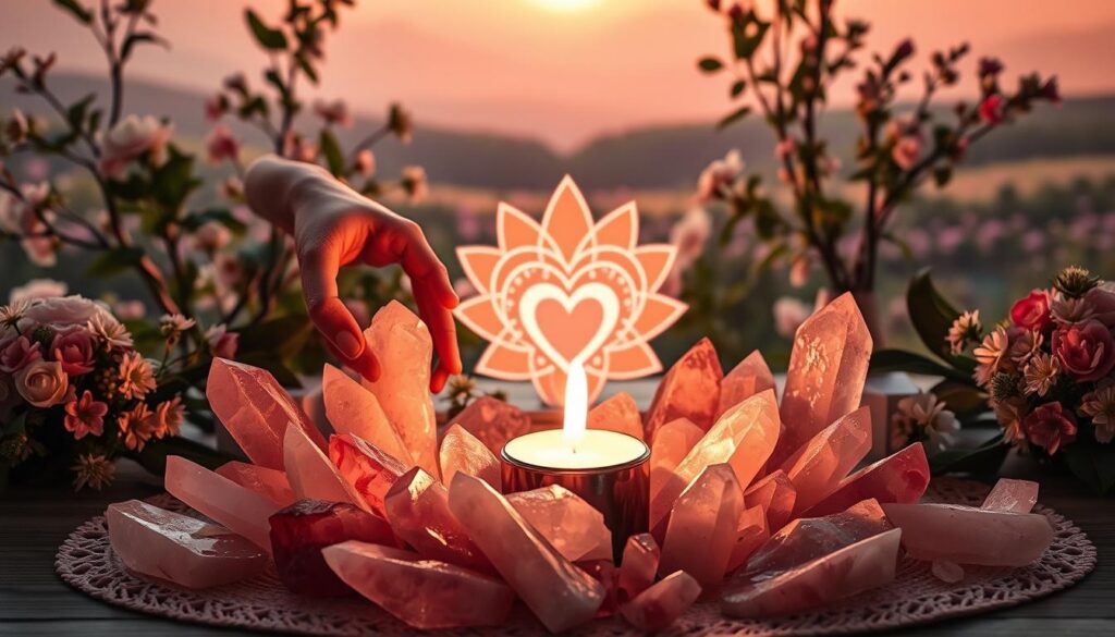 A serene altar adorned with rose quartz crystals radiating soft pink hues, elegantly arranged around a flickering candle. In the foreground, delicate hands in modest attire are gently positioning the rose quartz, symbolizing love and connection. The middle ground features a glowing heart chakra symbol surrounded by lush greenery and blooming flowers, enhancing the atmosphere of tranquility and affection. The background captures a dreamy, ethereal landscape with soft pastel colors, adding a sense of harmony. The lighting is warm and inviting, reminiscent of golden hour, casting gentle shadows that create depth. The overall mood is peaceful and uplifting, reflecting the essence of unconditional love and connection.