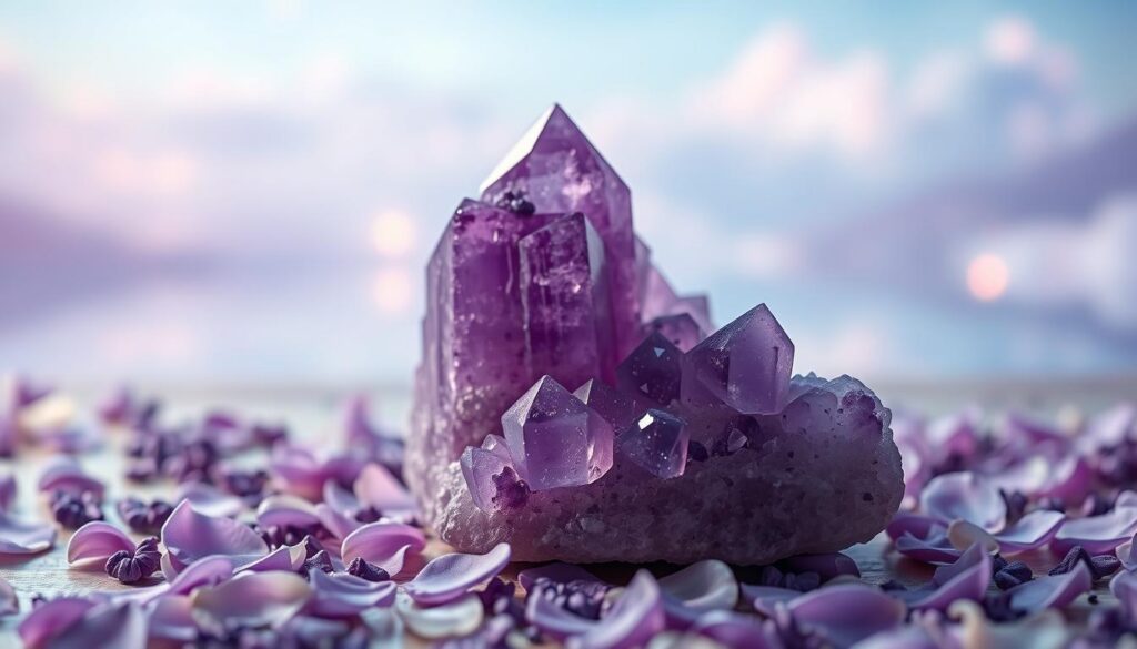 A serene amethyst crystal cluster sits prominently in the foreground, its deep purple hues radiating calming energy. Surrounding the crystal, soft, scattered lavender petals complement the tranquil theme. In the middle ground, a gently blurred water feature reflects delicate light, enhancing the sense of peace. The background features an ethereal, softly lit dreamcore landscape with hazy pastel clouds and gentle blue and pink neon colors, creating a soothing ambiance. Soft, diffused lighting casts a warm glow over the entire scene, evoking feelings of comfort and serenity. The angle is slightly overhead, emphasizing the crystal's beauty while inviting the viewer into this tranquil oasis designed for anxiety and stress relief. A peaceful and harmonious atmosphere pervades the image, making it a perfect visual representation of the calming benefits of amethyst. A serene amethyst crystal cluster sits prominently in the foreground, its deep purple hues radiating calming energy. Surrounding the crystal, soft, scattered lavender petals complement the tranquil theme. In the middle ground, a gently blurred water feature reflects delicate light, enhancing the sense of peace. The background features an ethereal, softly lit dreamcore landscape with hazy pastel clouds and gentle blue and pink neon colors, creating a soothing ambiance. Soft, diffused lighting casts a warm glow over the entire scene, evoking feelings of comfort and serenity. The angle is slightly overhead, emphasizing the crystal's beauty while inviting the viewer into this tranquil oasis designed for anxiety and stress relief. A peaceful and harmonious atmosphere pervades the image, making it a perfect visual representation of the calming benefits of amethyst.