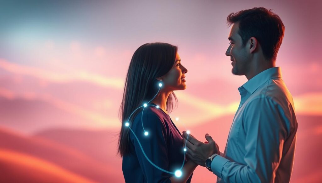 A serene and abstract representation of soul ties to illustrate healthy relationships. In the foreground, two adults dressed in professional attire, gazing into each other’s eyes with a gentle understanding, their hands nearly touching but not quite. The middle layer features ethereal, translucent strings of light connecting them, symbolizing the soul ties. The background is a dream-like landscape filled with soft neon colors blending smoothly, suggesting a calm environment. The lighting is soft and ambient, casting a warm glow over the scene, creating an atmosphere of peace and connection. The angle is slightly elevated, giving a sense of depth to the image, while maintaining a harmonious and tranquil mood, effectively capturing the concept of understanding and healing in relationships. A serene and abstract representation of soul ties to illustrate healthy relationships. In the foreground, two adults dressed in professional attire, gazing into each other’s eyes with a gentle understanding, their hands nearly touching but not quite. The middle layer features ethereal, translucent strings of light connecting them, symbolizing the soul ties. The background is a dream-like landscape filled with soft neon colors blending smoothly, suggesting a calm environment. The lighting is soft and ambient, casting a warm glow over the scene, creating an atmosphere of peace and connection. The angle is slightly elevated, giving a sense of depth to the image, while maintaining a harmonious and tranquil mood, effectively capturing the concept of understanding and healing in relationships.